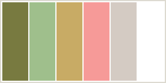 ColorCombo7094 with Hex Colors #787A40 #9FBF8C #C8AB65 #F69A98 #D4CBC3 ...