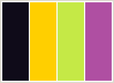 ColorCombo92 with Hex Colors #0F0B19 #FFCF00 #C5E946 #AF4FA2