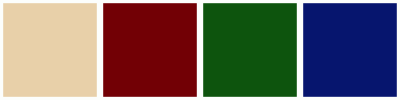 ColorCombo874 with Hex Colors #E8D0A9 #720005 #0D540D #06156E