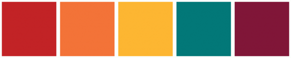 ColorCombo8272 with Hex Colors #C22326 #F37338 #FDB632 #027878 #801638