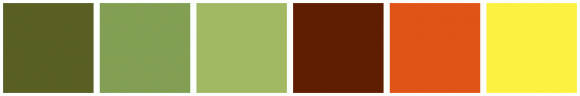 ColorCombo8340 with Hex Colors #595F23 #829F53 #A2B964 #5F1E02 #E15417 ...