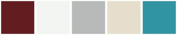 ColorCombo1241 with Hex Colors #631D20 #F3F5F2 #B8BABA #E6DECC #3294A1