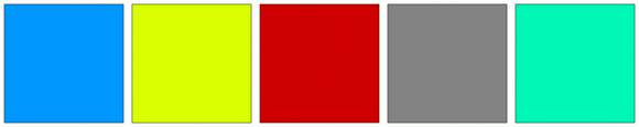 ColorCombo9206 with Hex Colors #0097FF #DAFF00 #CE0000 #838383 #00F7B6