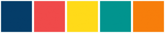 ColorCombo9655 with Hex Colors #053D69 #F04A4A #FFDA19 #01948E #F77E0B