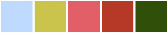 ColorCombo10045 with Hex Colors #BEDAFF #CAC44C #E25F67 #B63927 #304F09