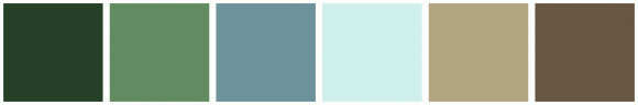ColorCombo15879 with Hex Colors #264028 #628B61 #6D929B #CFF0EB #B3A580 ...
