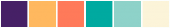 ColorCombo12611 with Hex Colors #462066 #FFB85F #FF7A5A #00AAA0 #8ED2C9 ...