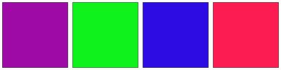 ColorCombo2279 with Hex Colors #9E0AA6 #0FF21C #2D0BE3 #FC1C52