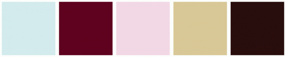ColorCombo11765 with Hex Colors #D3EBED #5F021F #F2D8E5 #D9C897 #290E0E