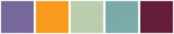 ColorCombo13386 with Hex Colors #76689A #F99A1C #B9CEAC #7AACAC #651E38