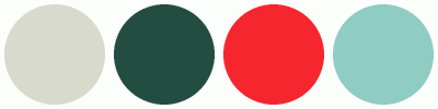 ColorCombo13422 with Hex Colors #D7DACC #244D41 #F6262E #8FCCC2