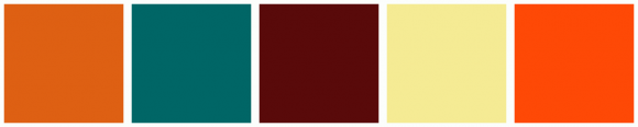 ColorCombo13547 with Hex Colors #DE6013 #006666 #590A0A #F5EB94 #FE4906