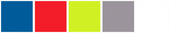 ColorCombo3385 with Hex Colors #005B9A #F21D28 #D1F024 #9B949C #FFFFFF