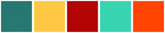 ColorCombo14518 with Hex Colors #267871 #FFC844 #B20404 #38D4B1 #FF4300