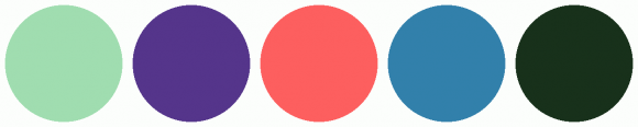 435892 Color ColorCombo14692 with Hex Colors #A0DDB0 #55358B #FD5F5F #3280AB #18311B