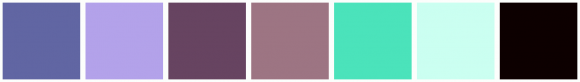 ColorCombo16213 with Hex Colors #6166A3 #B3A2EA #674461 #9D7583 #4BE3BB ...
