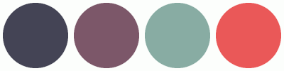 ColorCombo17391 with Hex Colors #444455 #7C5769 #88ACA3 #EA5858