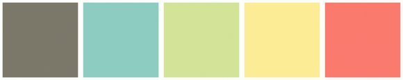 ColorCombo3730 with Hex Colors #7C786A #8DCDC1 #D3E397 #FDEC96 #FA7A6E