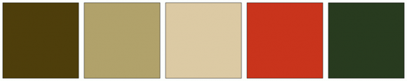 ColorCombo3877 with Hex Colors #4E3E0B #B1A26B #DCCAA4 #C9341C #283B1F