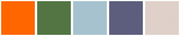 ColorCombo4339 with Hex Colors #FF6600 #537544 #A6C2CE #5D5E7D #DFD0C9