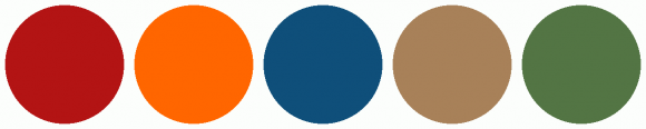 ColorCombo4340 with Hex Colors #B31414 #FF6600 #0F4F7A #A88159 #537544
