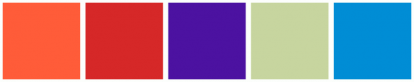 ColorCombo15409 with Hex Colors #FF5C39 #D62828 #4C12A1 #C7D59F #008DD5
