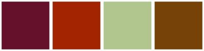 ColorCombo15586 with Hex Colors #65112B #A32400 #B1C58F #764207