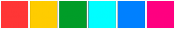 ColorCombo5447 with Hex Colors #FF3636 #FFCC00 #009D28 #00FEFF #0080FF ...