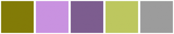 ColorCombo718 with Hex Colors #827B07 #C992E0 #7D5D8F #BDC75F #9C9C9C