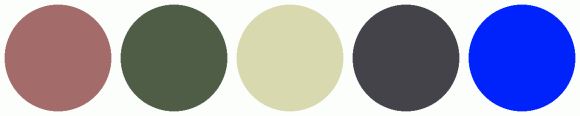 ColorCombo17066 with Hex Colors #A46B6B #4F5D47 #D9D9B0 #434349 #0023FC