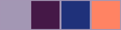 ColorCombo6979 with Hex Colors #A397B4 #451847 #1F317A #FF8363