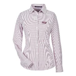 DEVON & JONES WOMEN'S CROWNLUX PERFORMANCE® MICRO WINDOWPANE WOVEN DRESS SHIRT - BURGANDY / WHITE with FGI - Tone on Tone -CF34671