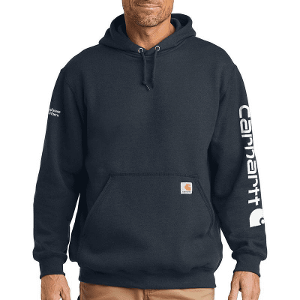 MEN'S CARHARTT HOODIE-NAVY WITH SHORT LOGO ON RIGHT SLEEVE