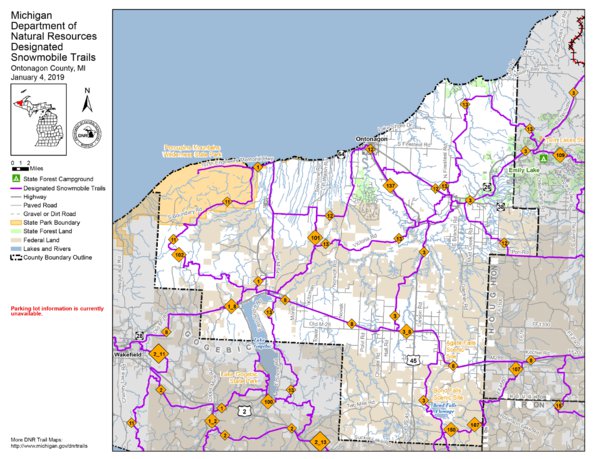Michigan Snowmobile Trail Maps With Mileage Ontonagon County Snowmobile Trails - Mi Dnr - Avenza Maps