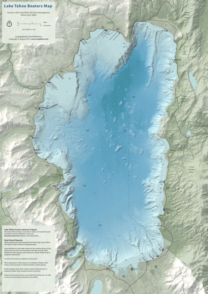 Lake Tahoe Boating Map Lake Tahoe Boaters Map - Medeiros Cartography - Mapbliss.com - Avenza Maps