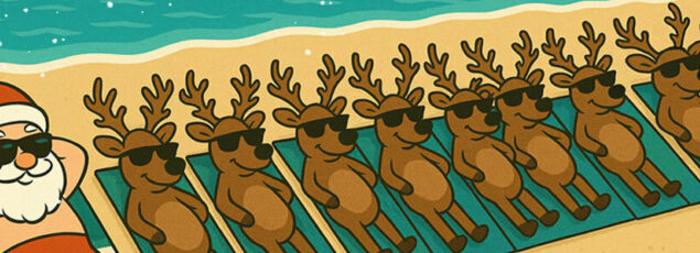 Santa and reindeer laying on the beach