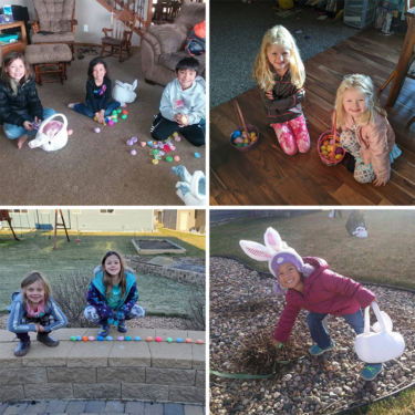 Children hunt for Easter eggs in yard
