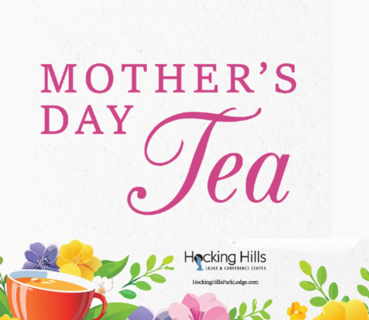Graphic with teacup and flowers, text stating Mother's Day Tea