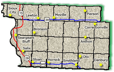 The image features a map of the Woodbury County service area. it is the entire county and showcases the locations of the cities within the county.
