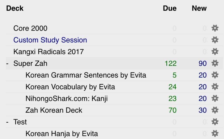 A picture of anki open displaying how the interface shows subdecks