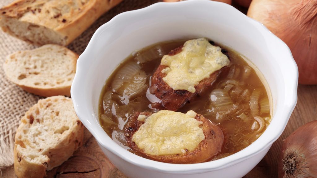 French Onion & White Bean Soup, Gruyère Toasts