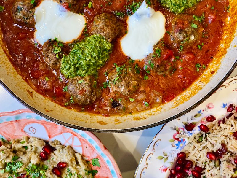 Middle Eastern Meatballs with Cherries & Spicy Zhoug recipe