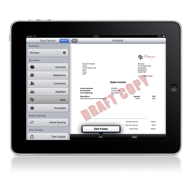 Easy Books iPad PDF Invoice Screen