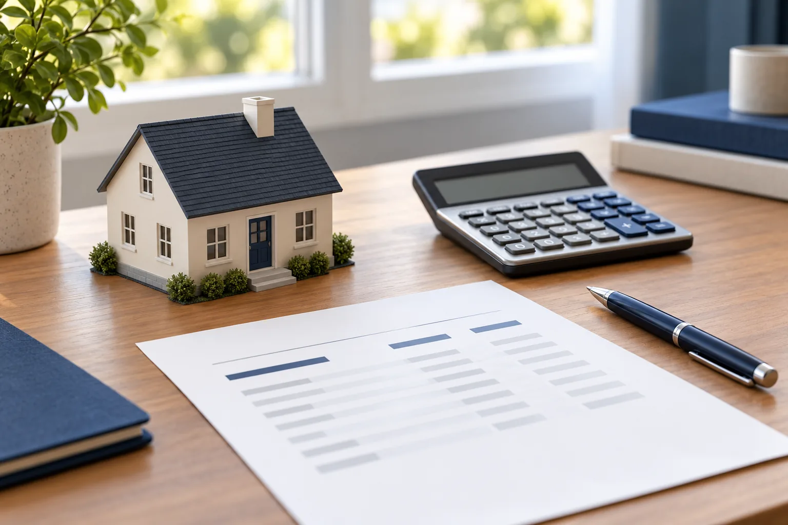 Model house, calculator and paperwork representing a home-sale cost review