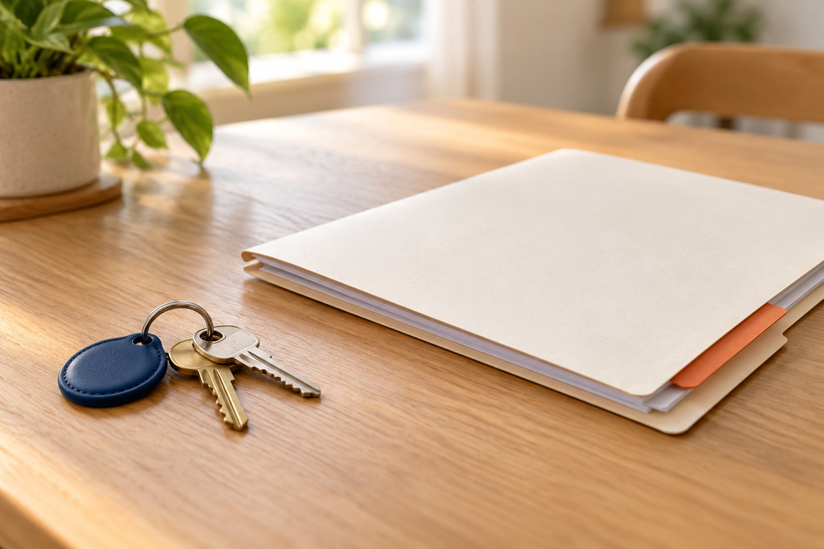 House keys with a navy key fob beside a plain cream document folder on a sunlit wooden table