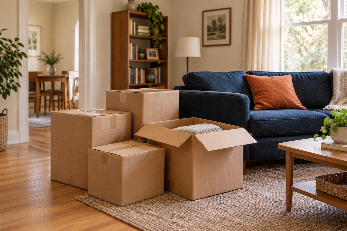 Four cardboard packing boxes beside a navy sofa in a warmly lit living room