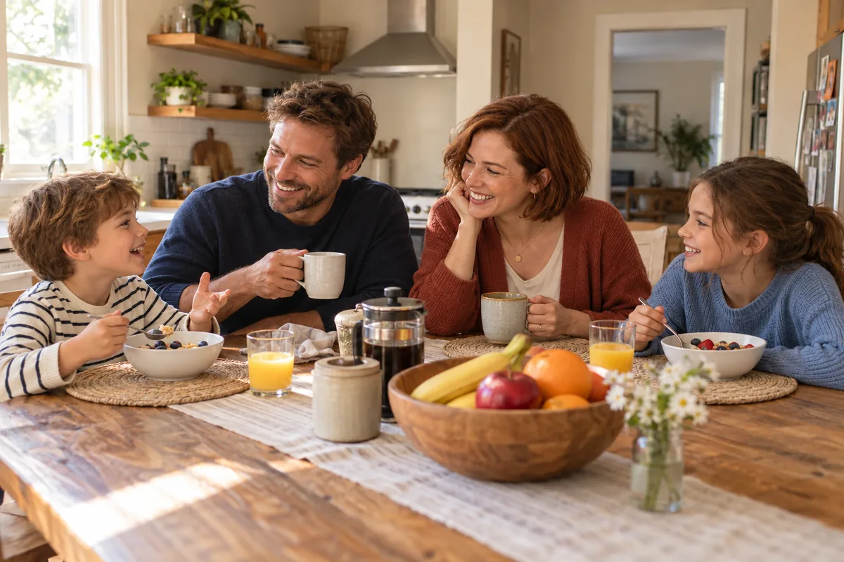 A family sharing breakfast around their kitchen table