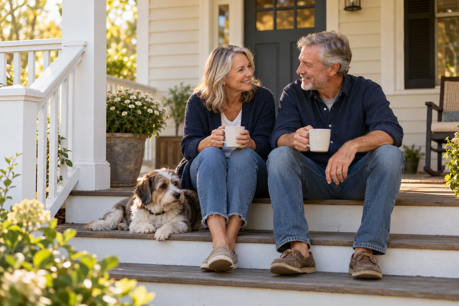 A couple enjoying coffee together on their front porch