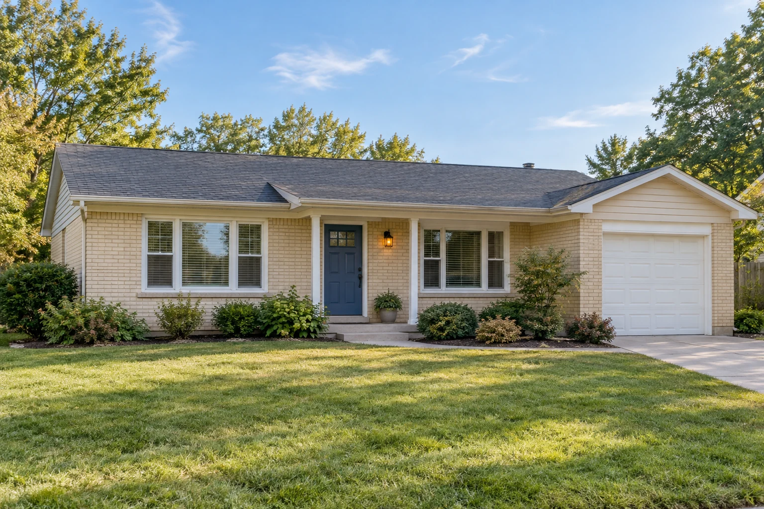 A single-story brick house with a blue front door and a front lawn