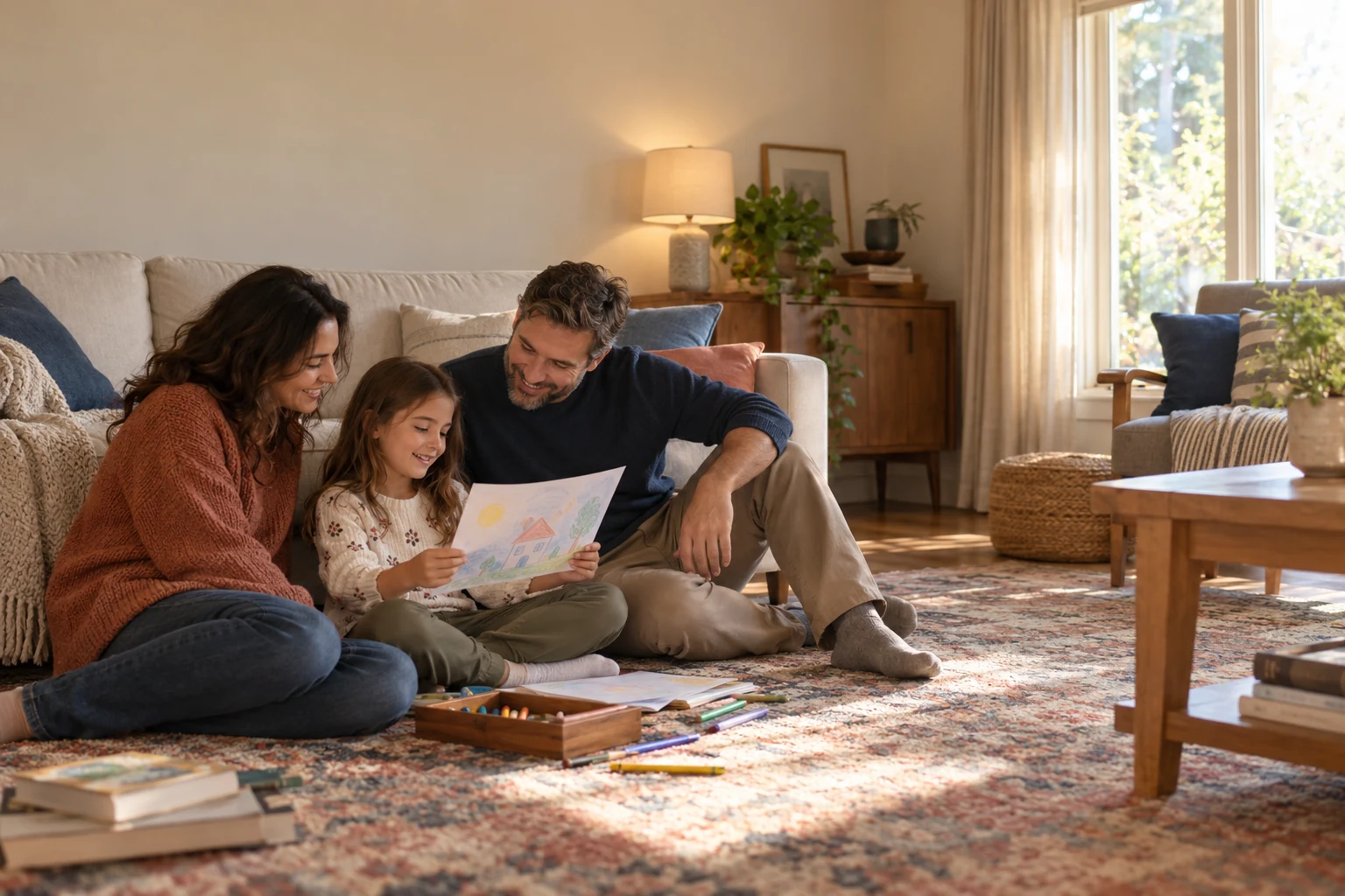 Parents and their child sharing a quiet moment at home